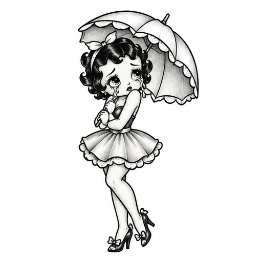 Black and grey tattoo design of a crying vintage girl holding an umbrella with frilly dress and bows on shoes and hair.