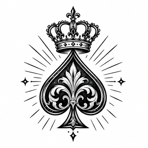 Detailed black spade tattoo with floral patterns on spade and crown on top with radiating lines around it