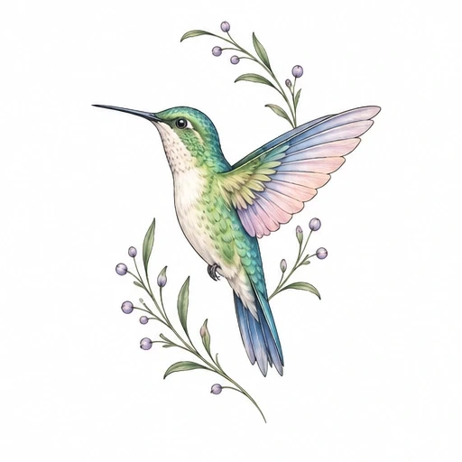 Pastel colored hummingbird in flight surrounded by green leafy branches with purple berries