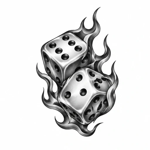 Black and grey tattoo design of two dice surrounded by stylized flames