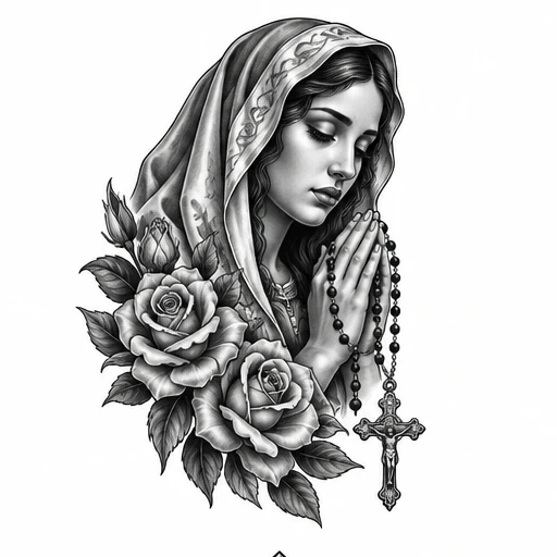 Black and grey illustration of a woman praying with rosary beads and roses