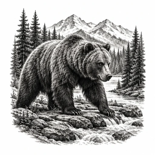 Black and white tattoo design of a grizzly bear standing on rocks by a river with pine trees and mountains behind