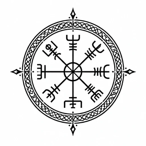 Black Vegvisir compass tattoo with intricate Celtic knot border and rune-like arms