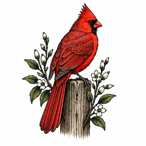 Red cardinal bird perched on a wooden post with green leaves and white flowers around it.