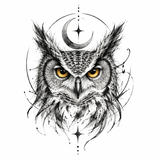 Black and white owl head tattoo design with golden eyes, crescent moon, and star motifs