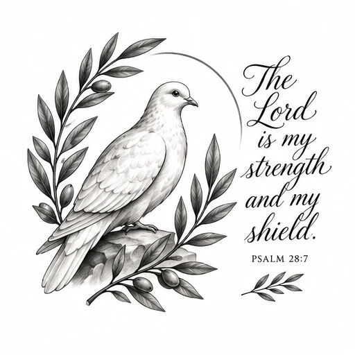 Fine line tattoo of dove with olive branches and Psalm 28:7 text