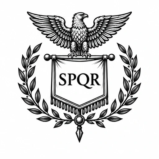 Black and white tattoo of an eagle with wings spread over a banner reading SPQR, framed by a laurel wreath.