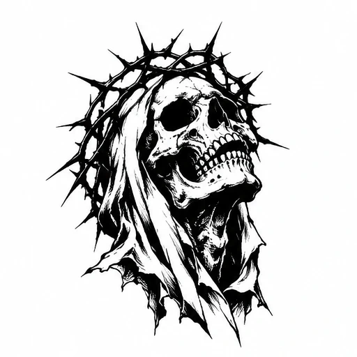 Black and white skull wearing a crown of thorns and draped in tattered cloth