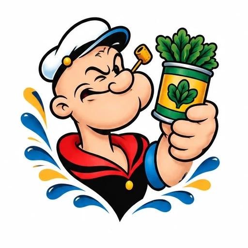 Popeye cartoon holding a can of spinach with water splash