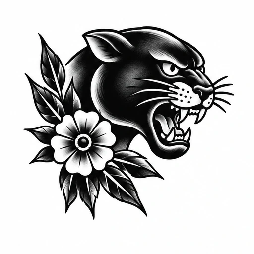 Black and white American traditional tattoo design of a roaring panther head with leaves and a flower