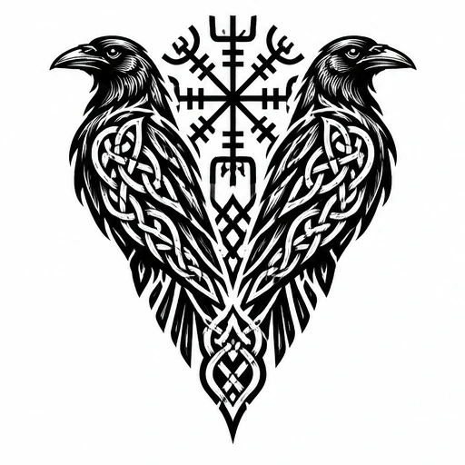 Blackwork tattoo design of two mirrored Norse ravens with intricate knotwork wings below a central Vegvisir compass symbol.