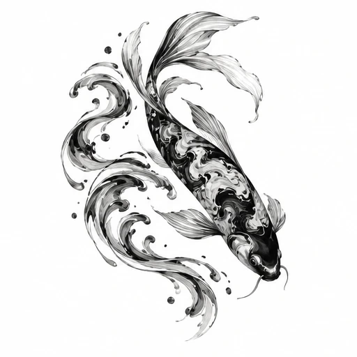 Black and gray sumi-e style koi fish swimming with swirling water splashes on white background.