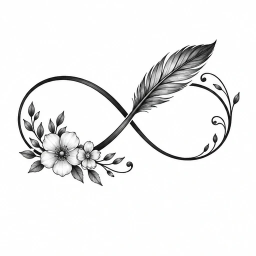 Black and grey infinity symbol tattoo design with flowers on one side and a feather on the other