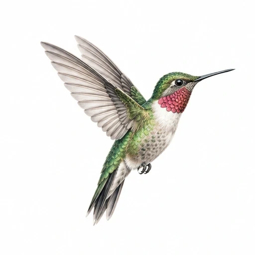 Micro-realistic hummingbird tattoo design with green, pink, and white feathers in flight pose