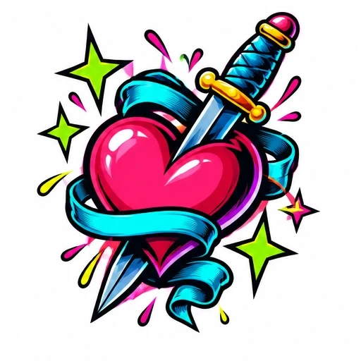 Colorful heart pierced by dagger with blue ribbon and green stars in New School tattoo style