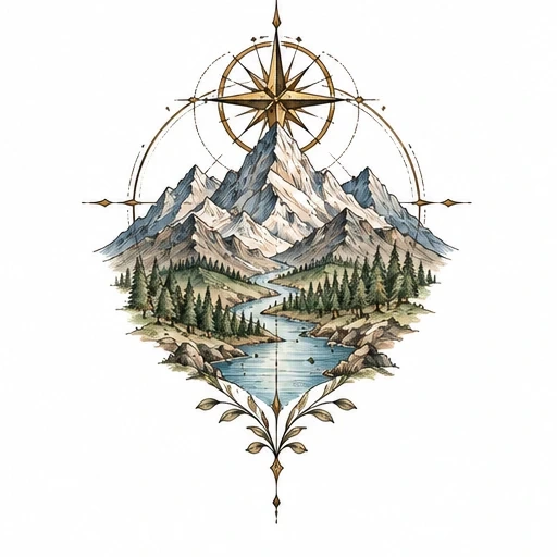 Tattoo of mountains, pine trees, river flowing down, and compass rose above