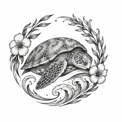 Black and grey tattoo design of a sea turtle surrounded by hibiscus flowers, leaves, and ocean wave motifs in a circular frame.