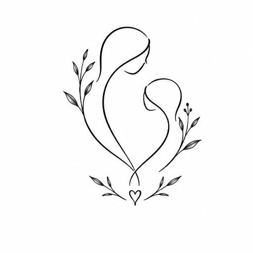 Minimalist black line tattoo of a mother and child with leaves and a small heart