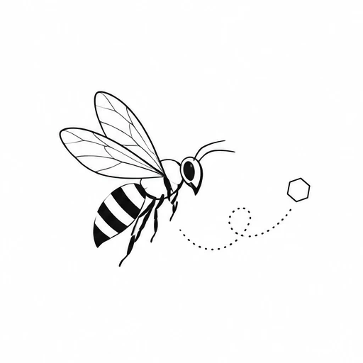 Minimalist black outline tattoo of a bee flying toward a small honeycomb with a dotted flight path