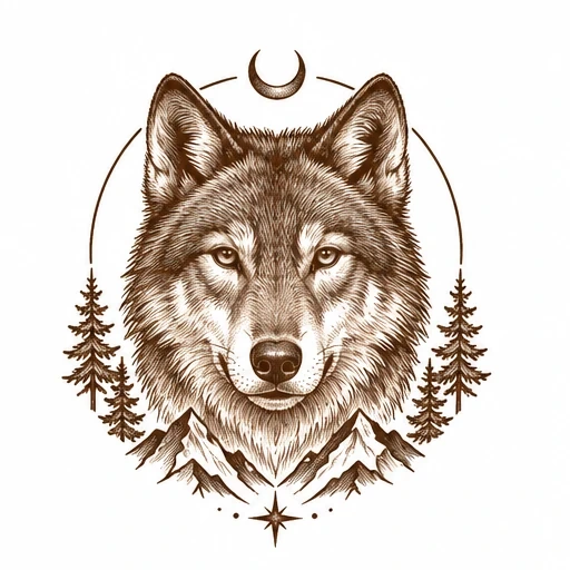Brown detailed wolf head with pine trees, mountains, crescent moon, and star arranged symmetrically in a circular design