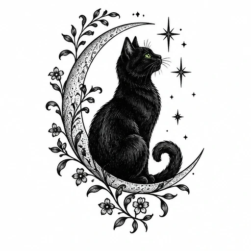Black cat with green eyes sitting on crescent moon decorated with flowers and stars