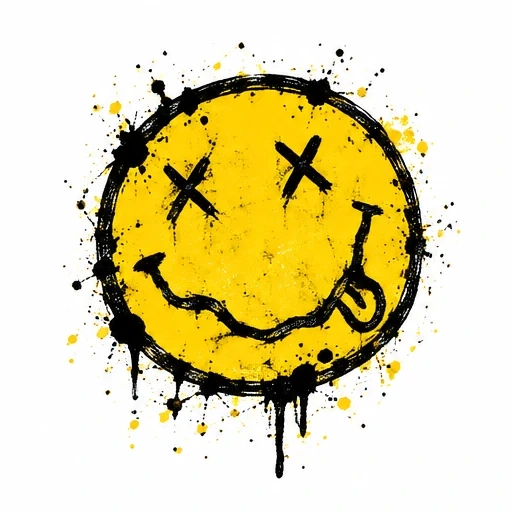 Yellow smiley face with crossed eyes and tongue out, surrounded by black drip paint splatters