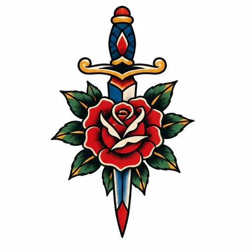 Traditional tattoo design of a red rose with green leaves and a dagger with blue, gold, and red details.