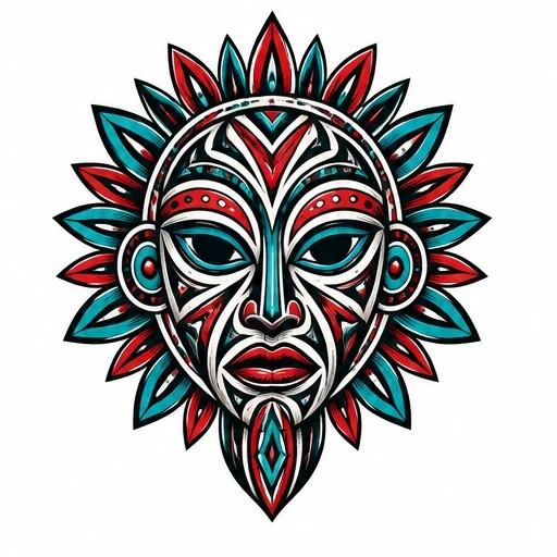 Colorful tribal mask tattoo with red and teal sunray petal shapes, bold black outlining, almond eyes, and geometric facial patterns