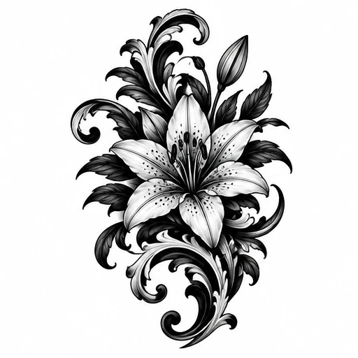 Black and grey tattoo design of a detailed lily flower with swirling leaves and buds
