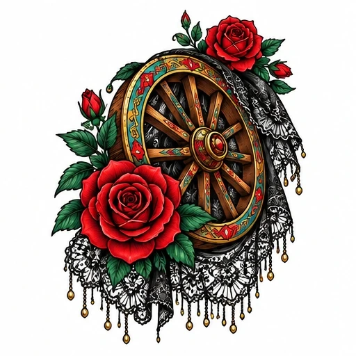Tattoo design of a wooden wagon wheel decorated with playing card motifs, red roses, green leaves, and black lace with golden beads.