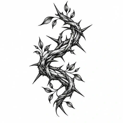 Black and grey tattoo design of a twisted crown of thorns with sharp spikes and leaves sprouting along its length