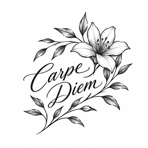 Carpe Diem script tattoo design with a lily flower and leafy vine in black ink