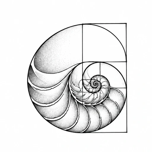 Black ink tattoo design of a spiral shell with Fibonacci spiral and grid overlay
