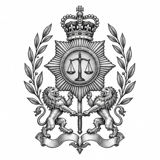 Black and grey heraldic constable crest with crown, balanced scales, lions, laurel branches and banner