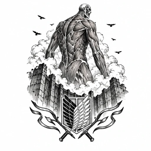 Black and white tattoo design of the Colossal Titan behind a cracked wall with Scout Regiment emblem and flying crows