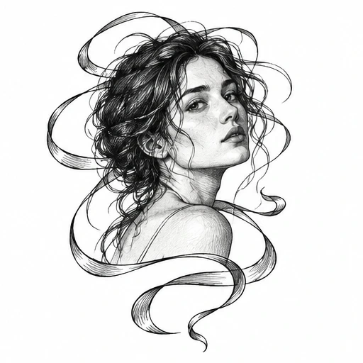 Black and white ink drawing of a woman's bust with expressive flowing ribbon-like hair and delicate facial features