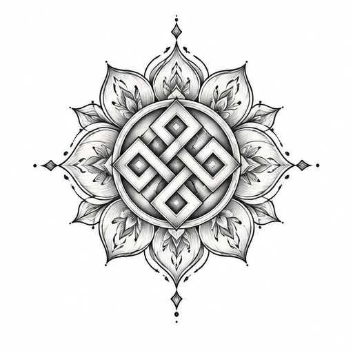 Black and gray mandala with endless knot and lotus petals tattoo design