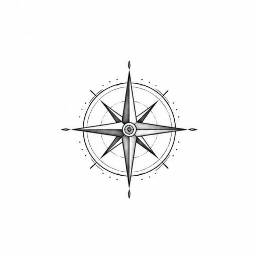 Minimalist black ink compass rose tattoo with shading and circular frame