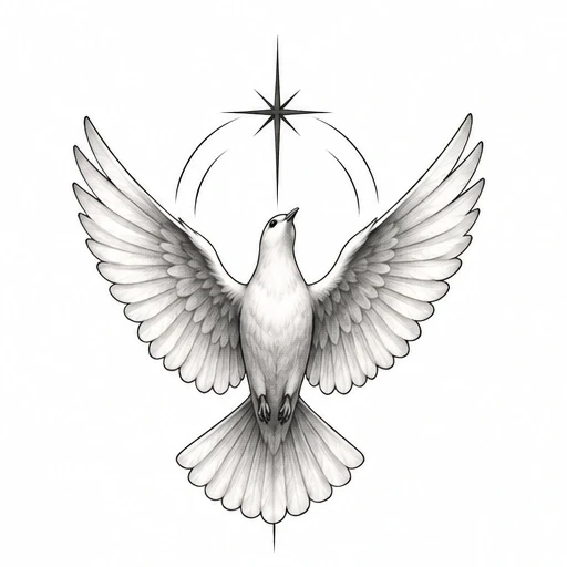 Gray-scale tattoo design of a dove with wings spread wide beneath a shining star with curved light lines.