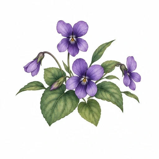 Violet flowers tattoo design with green leaves on white background