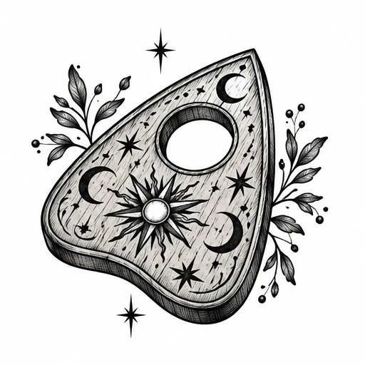 Black and white tattoo design of a wooden planchette decorated with moons, stars, a sun, and surrounded by leaves and berries.