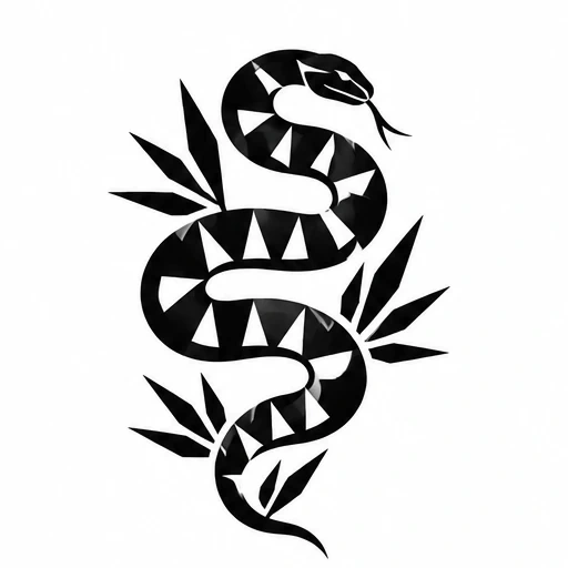 Black snake tattoo design with white triangular negative spaces and sharp leaf shapes