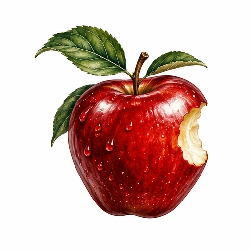 Realistic red apple with water droplets, a bite taken out, green leaves, and a brown stem on a white background