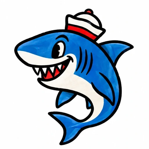Cartoon blue shark with sailor hat smiling broadly with sharp teeth