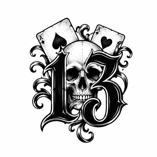 Black and white tattoo artwork of a skull, number 13, and two playing cards