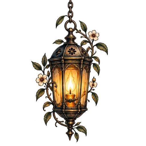 Vintage hanging lantern tattoo with flowers and leaves wrapping around it
