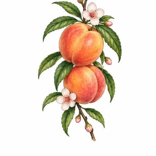 Tattoo design of two ripe peaches on a branch with green leaves and pink flowers.