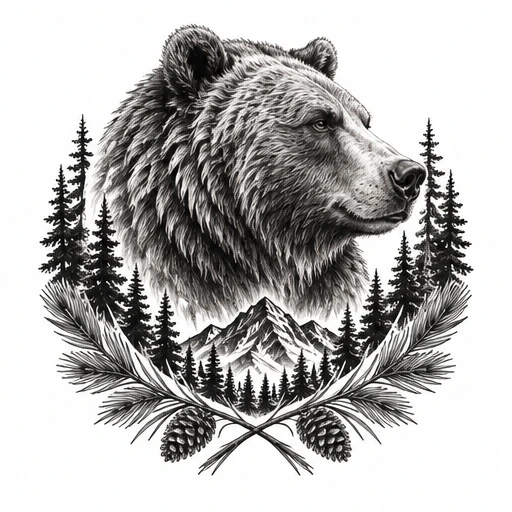 Black and gray tattoo design of a grizzly bear head with pine trees, mountains, and crossed pine branches with cones