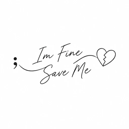 Minimalist tattoo design of a semicolon, cursive text reading 'I'm Fine Save Me', and a broken heart outline connected by a flowing line.
