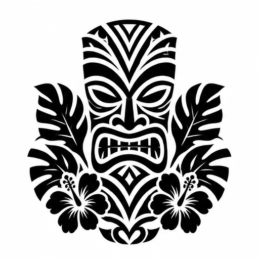 Black tiki mask tattoo design with symmetrical tropical leaves and hibiscus flowers in bold black ink.